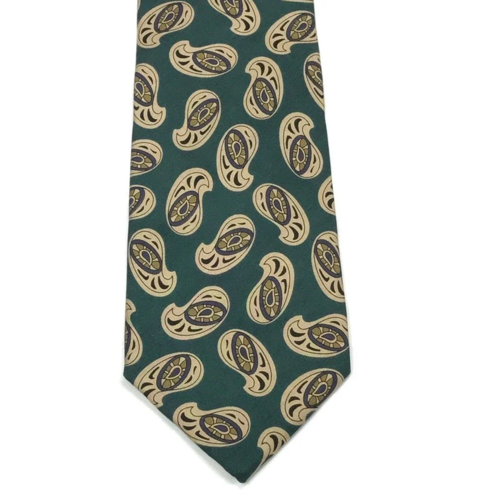 NEIMAN MARCUS Rare Collection Green Beige Multi Color Paisley Tie Necktie